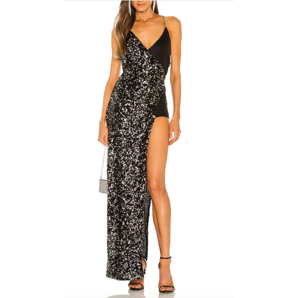 Bronx and Banco Simone V-Neck Sequin Gown Evening Dress Black Silver Size XS